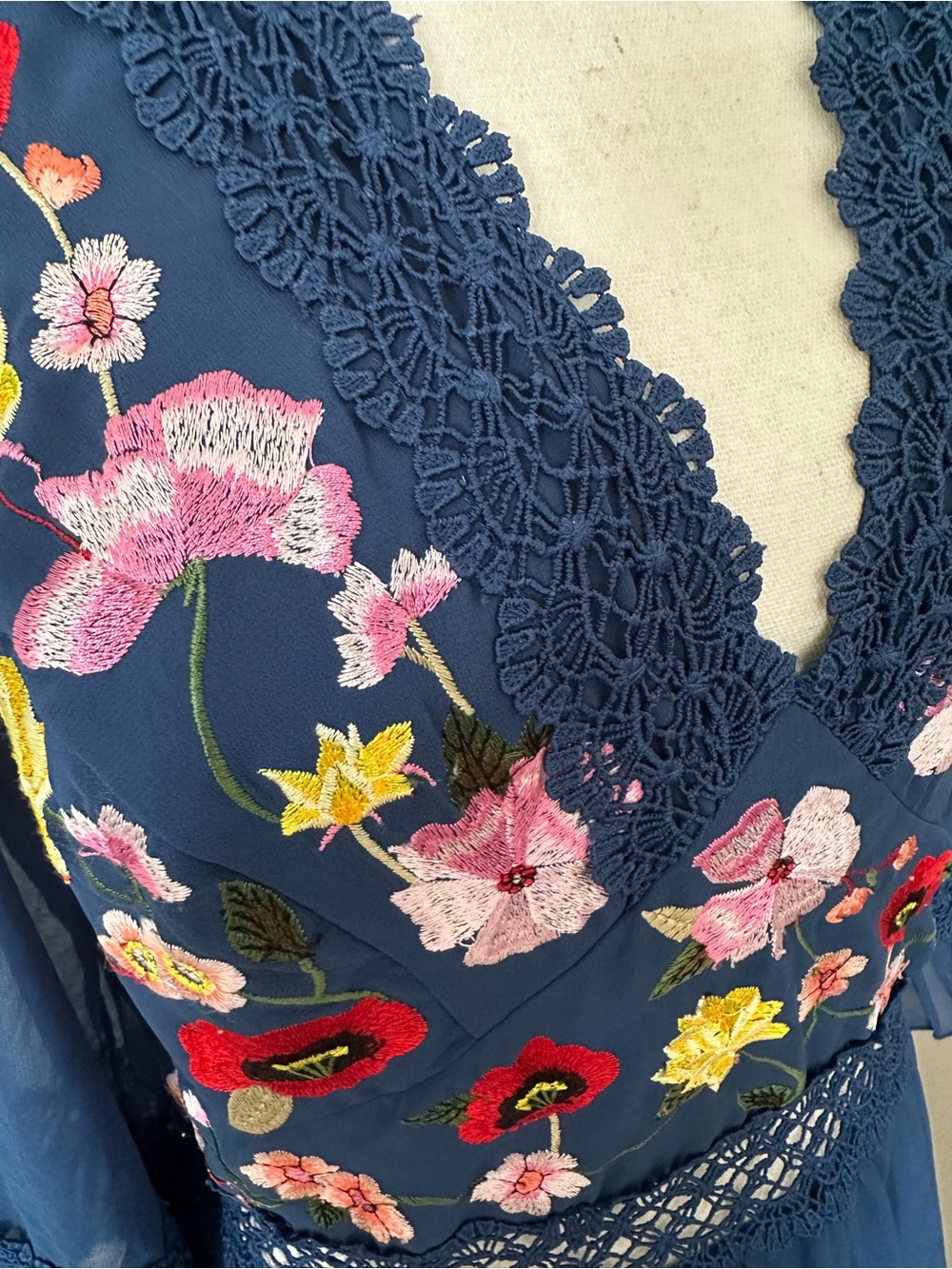 Cottagecore Boho Navy Floral Embroidered Crochet Lace Dress 8 Romantic Fairycore - Picture 4 of 14